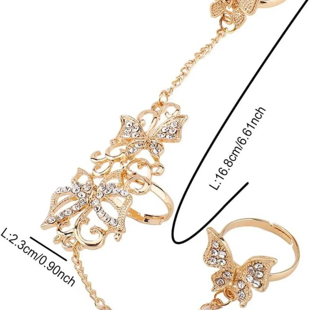 Butterfly Gold Hand Chain for Women Adjustable Crystal Finger Rings Punk Jewelry - Picture 2 of 6